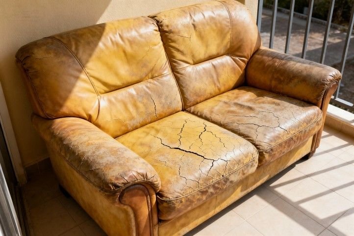 damaged indoor leather sofa cracked and faded after being used on a balcony