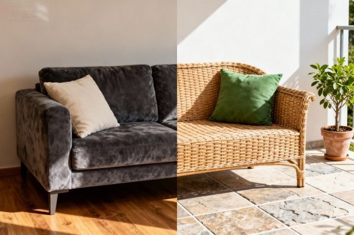side by side view of indoor sofa and outdoor wicker sofa showing furniture differences
