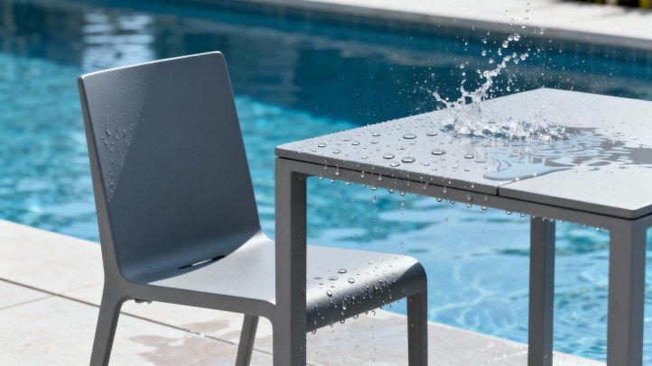 Marine-grade polymer furniture by the pool resisting splashes