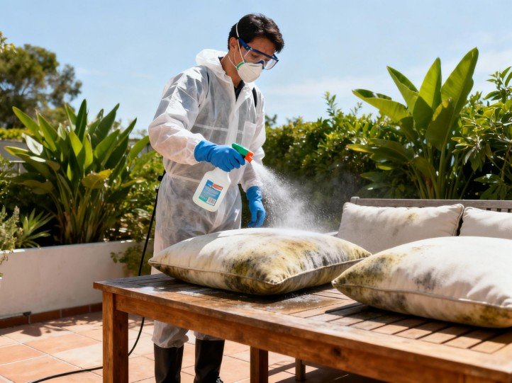 Treating mildew with diluted bleach outdoors; PPE worn