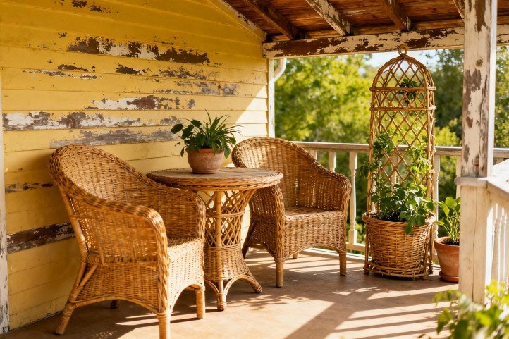 Natural rattan lounger and side table under a covered patio, suitable for shaded semi-outdoor use.