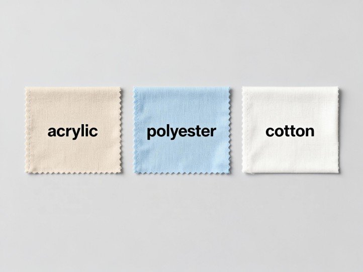 Outdoor cushion fabric types labeled: acrylic, polyester, cotton
