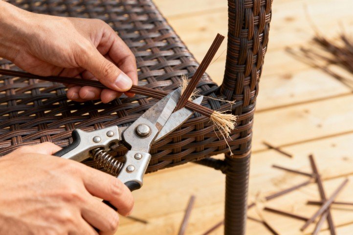 Trimming broken PE rattan strands before reweaving an outdoor chair seat