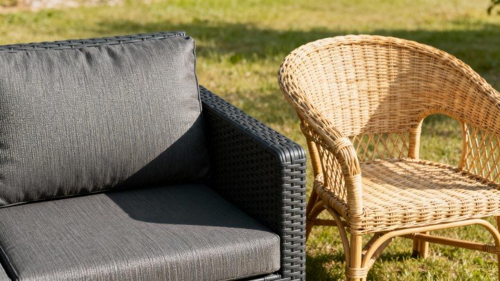 PE rattan outdoor sofa beside a natural rattan armchair, highlighting ‘PE Rattan vs Rattan’ look and use-case differences.