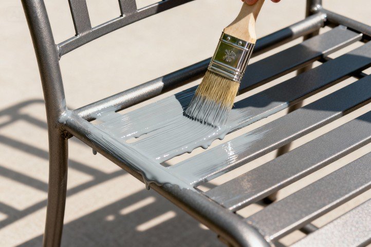 Applying thin even coats of outdoor enamel to a metal patio chair frame