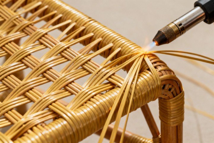 Reweaving PE rattan and gently heat-setting the new strands for seat support