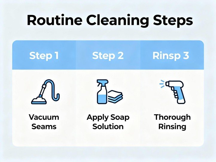 Routine cleaning: vacuum seams, soap solution, thorough rinsing
