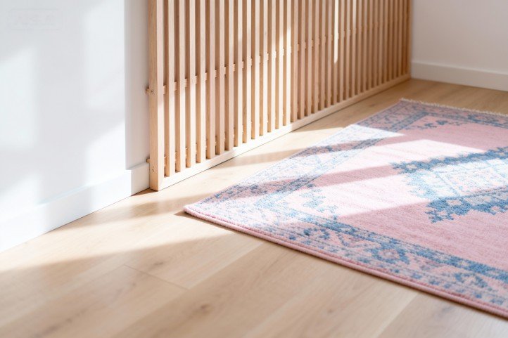 Light-toned small balcony with vertical trellis and right-sized outdoor rug
