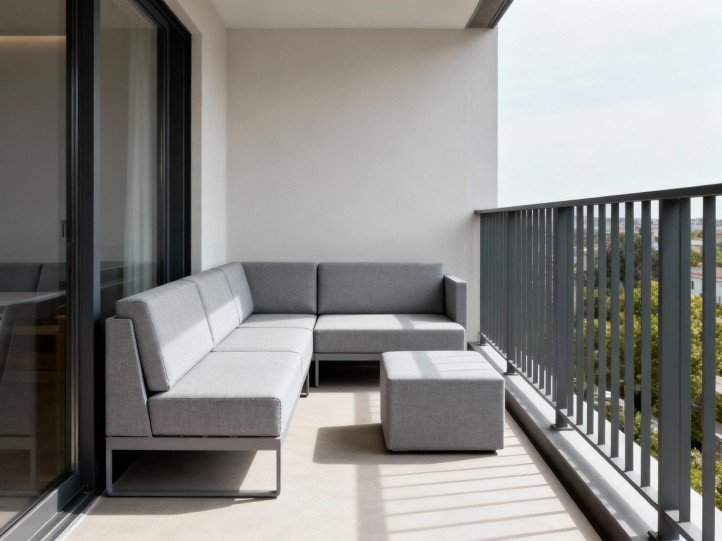 small balcony layout with modular 2 seater outdoor sofa ottoman and 80cm walkway