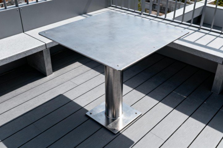 Steel pedestal outdoor table on a windy terrace