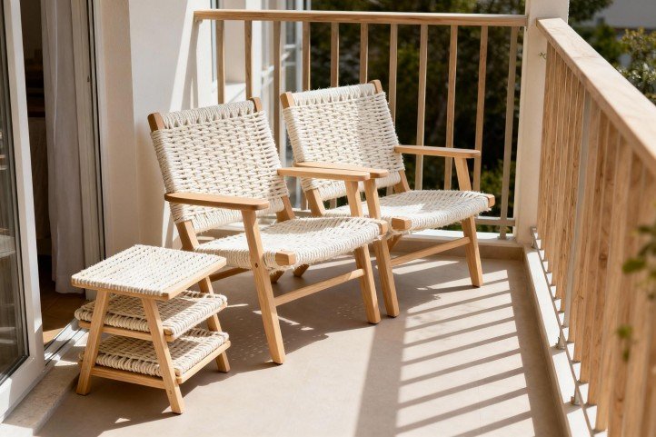 Compact balcony setup: lightweight rope loveseat with nesting side tables to save space
