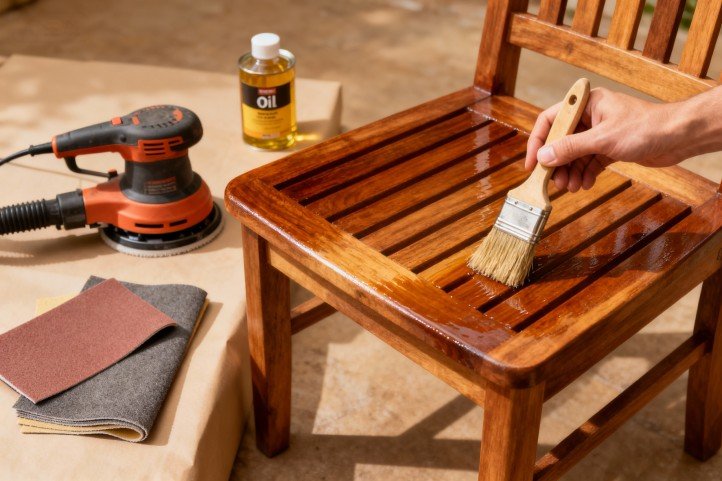 Sanding and refinishing a teak chair with an exterior oil finish