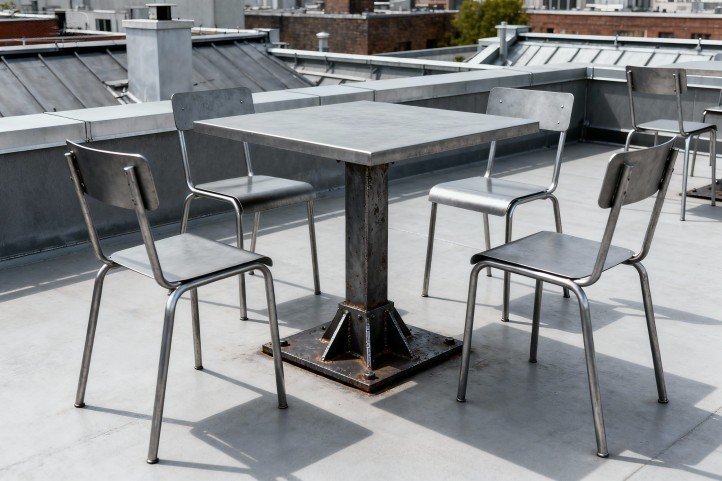 Windy rooftop terrace—cast-iron table base for stability; mild-steel chairs for easy maintenance.